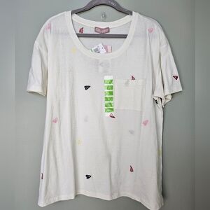 Brushed Embroidered Ivory Short-Sleeve Cotton T-Shirt - Hearts, Size Women's L